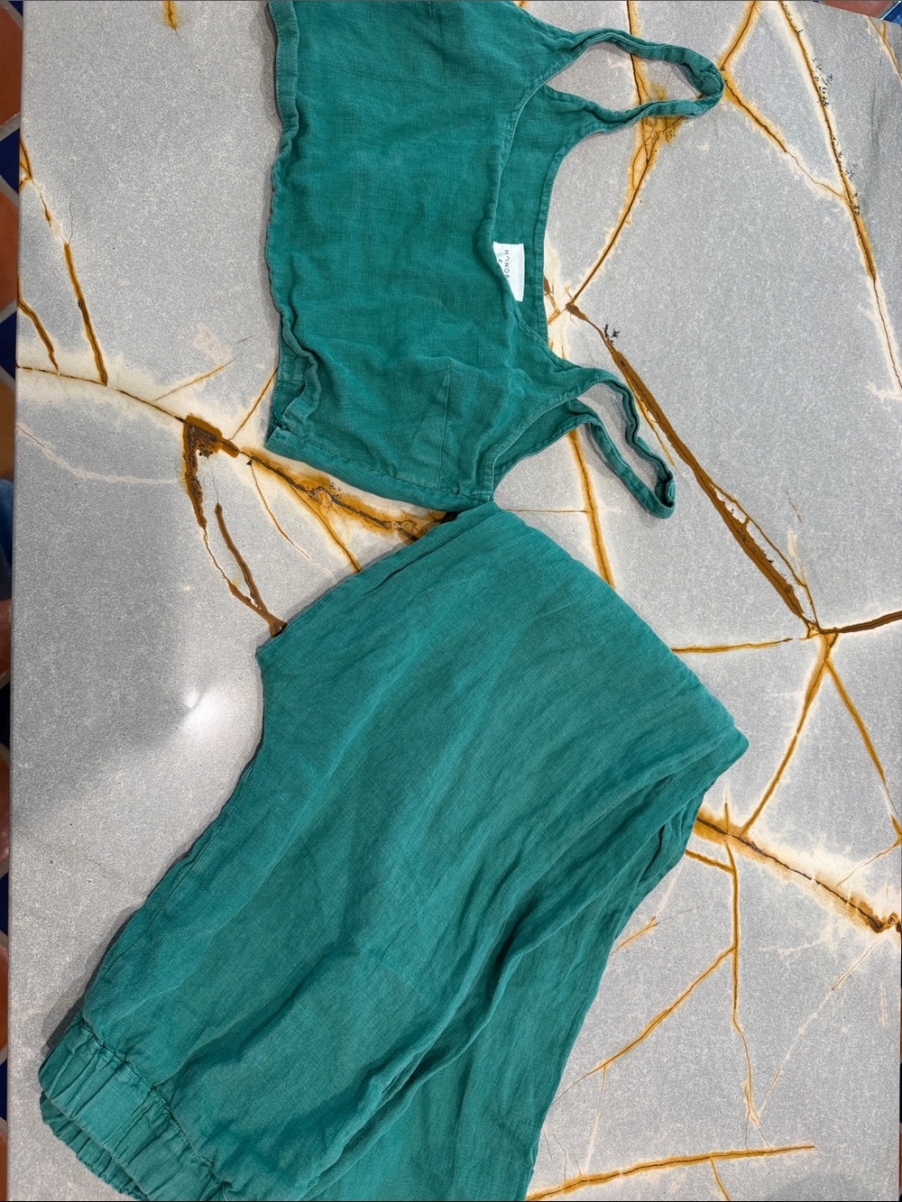 Two-Piece Teal Linen Set - Crop Top & Pants